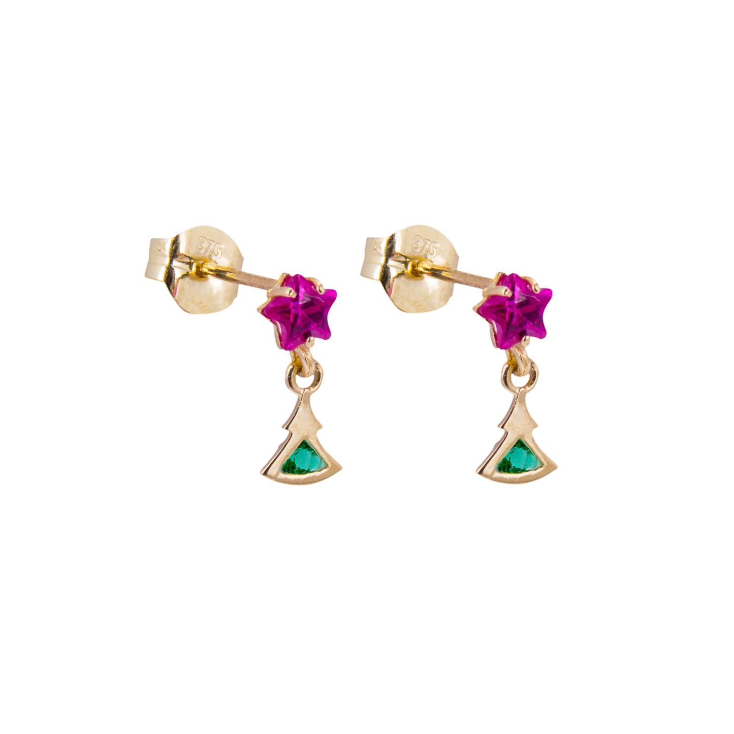 9ct Gold Christmas Tree Emerald Green Ruby Red Star CZ Stud Drop Earrings