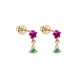 9ct Gold Christmas Tree Emerald Green Ruby Red Star CZ Stud Drop Earrings