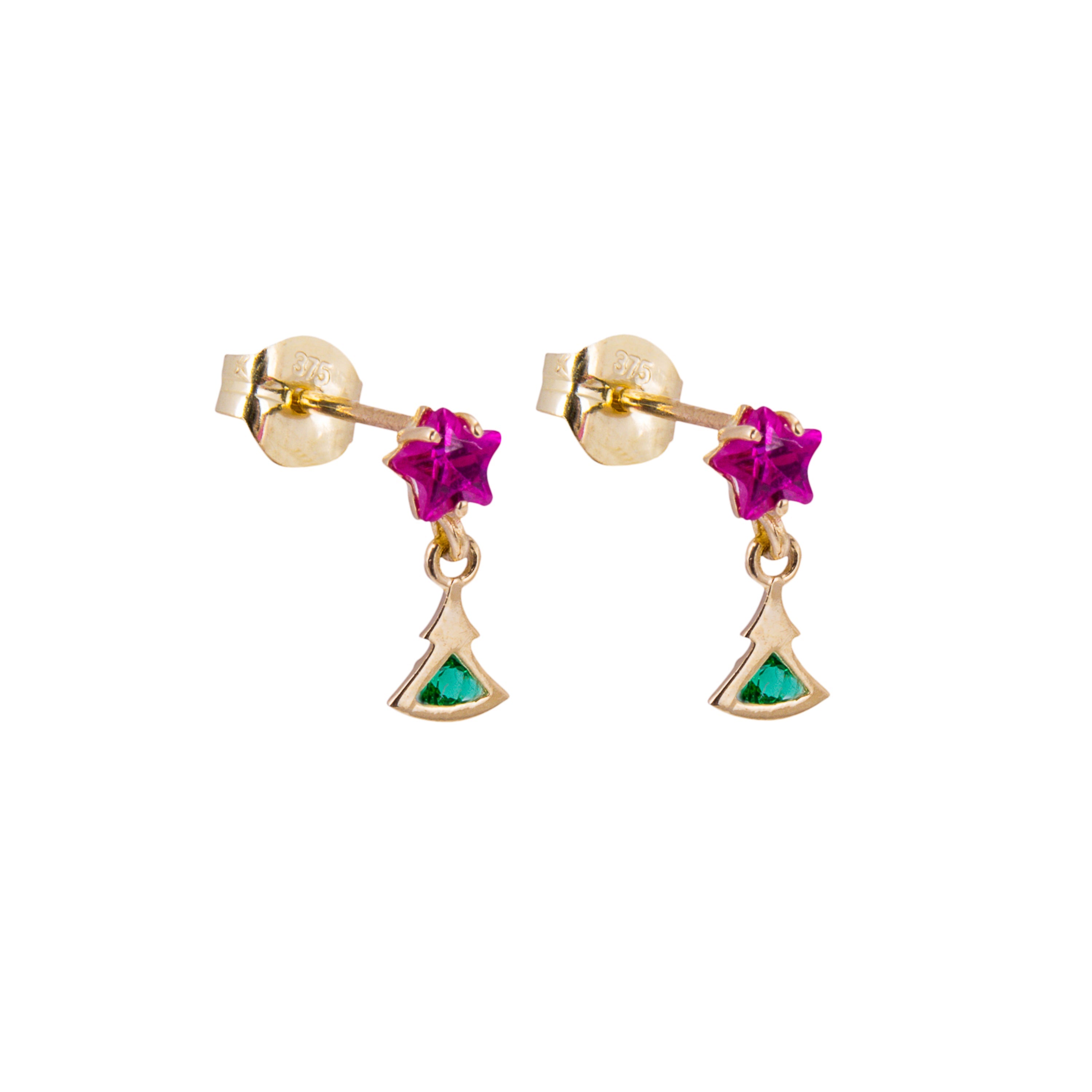 9ct Gold Christmas Tree Emerald Green Ruby Red Star CZ Stud Drop Earrings