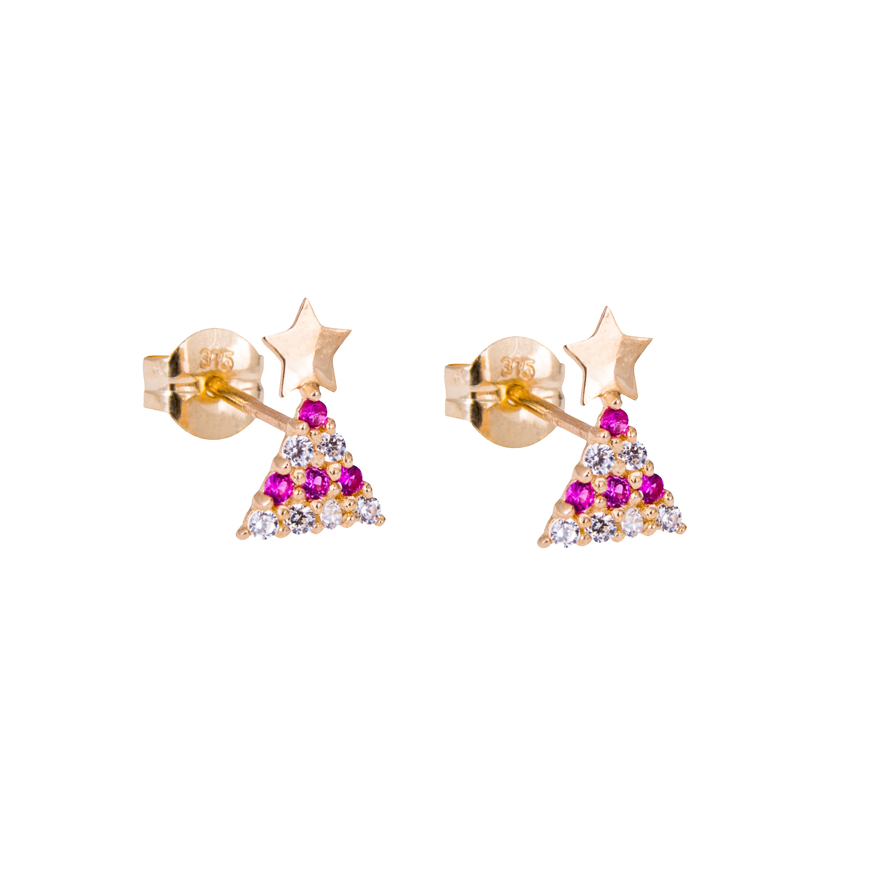 9ct Gold Clear Ruby Red CZ Christmas Tree Stud Earrings