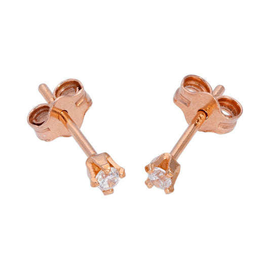 Rose Gold Plated Sterling Silver & 2mm Round CZ Crystal Stud Earrings