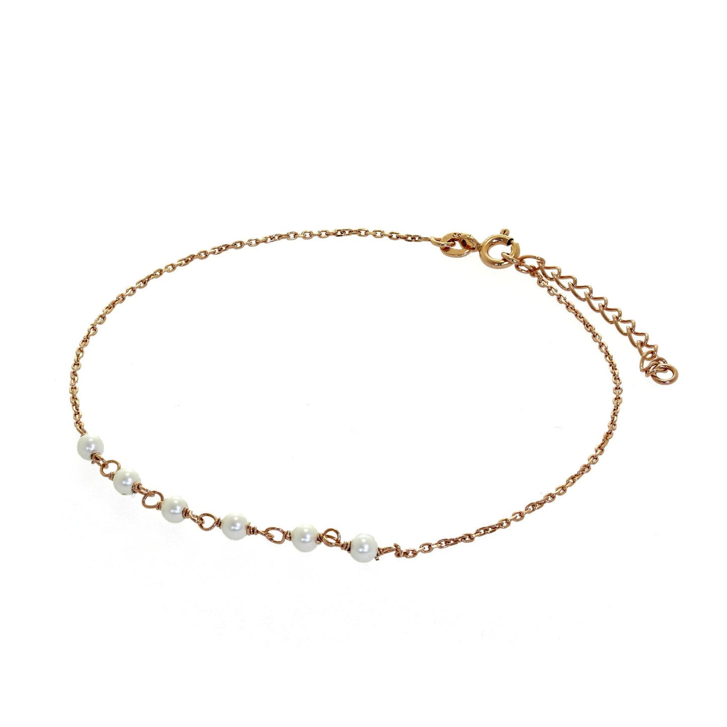 Rose Gold Plated Sterling Silver & Pearl Trace Anklet 9 + 1.5 Inches