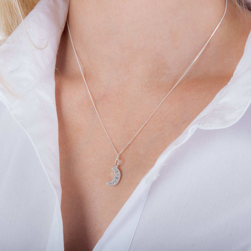Sterling Silver & CZ Crescent Moon Necklace 14 - 32 Inches
