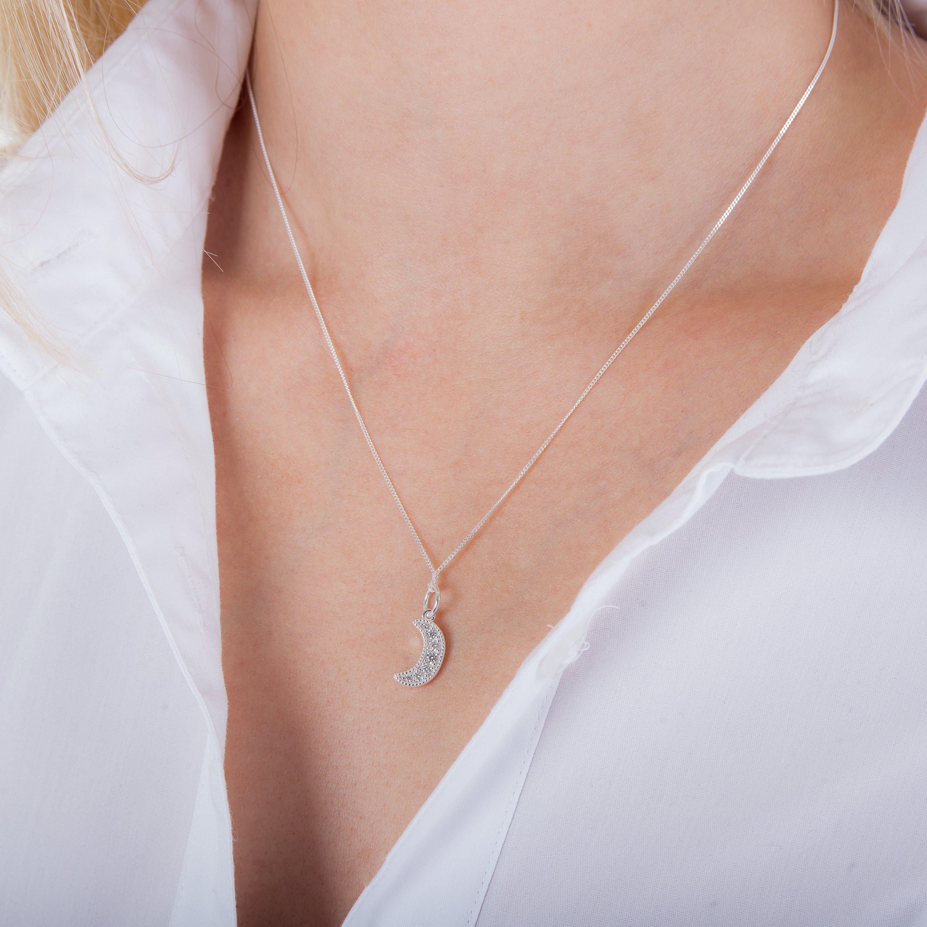 Sterling Silver & CZ Crescent Moon Necklace 14 - 32 Inches