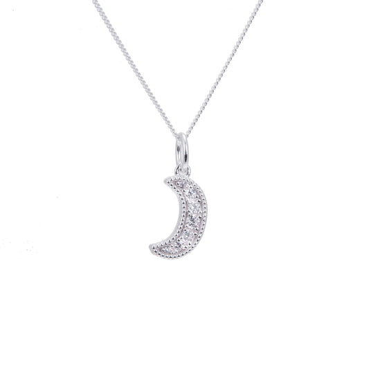 Sterling Silver & CZ Crescent Moon Necklace 14 - 32 Inches