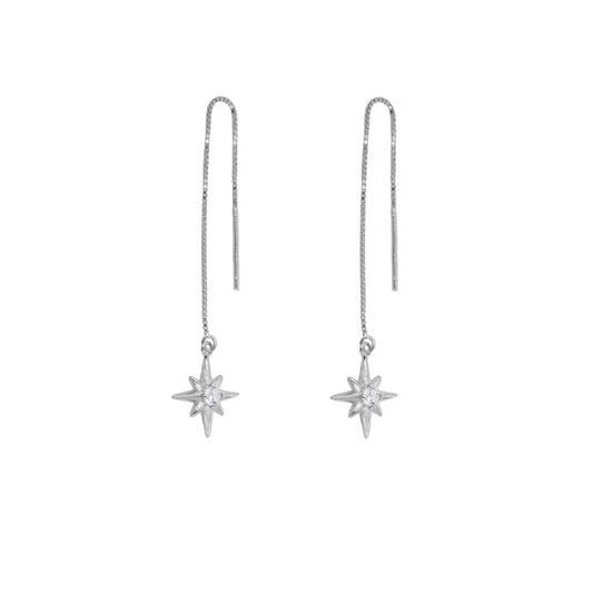 Sterling Silver Starburst Clear CZ Drop Dangle Pull Through Earrings