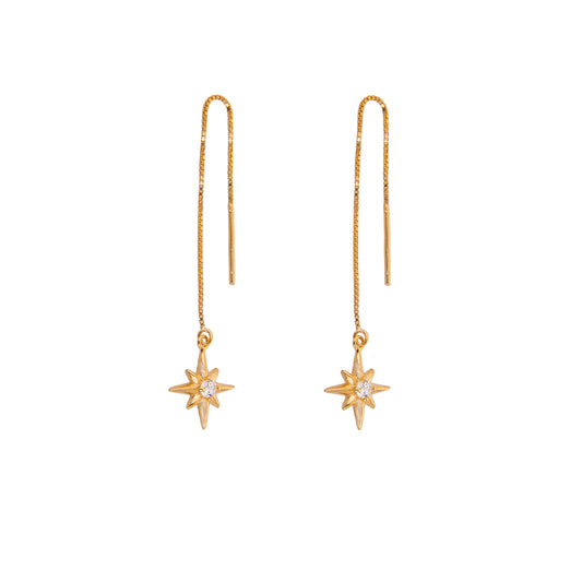 Gold Plated Sterling Silver Starburst Clear CZ Drop Dangle Pull Through Earrings