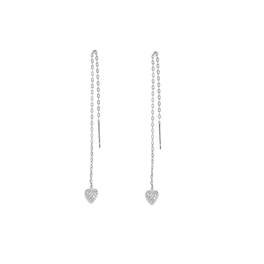 Sterling Silver Heart Clear CZ Pave Drop Dangle Pull Through Earrings