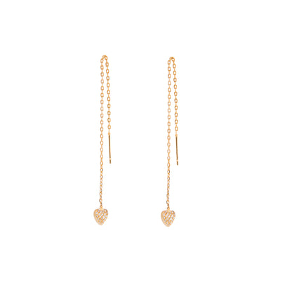Gold Plated Sterling Silver Heart Clear CZ Pave Drop Dangle Pull Through Earrings