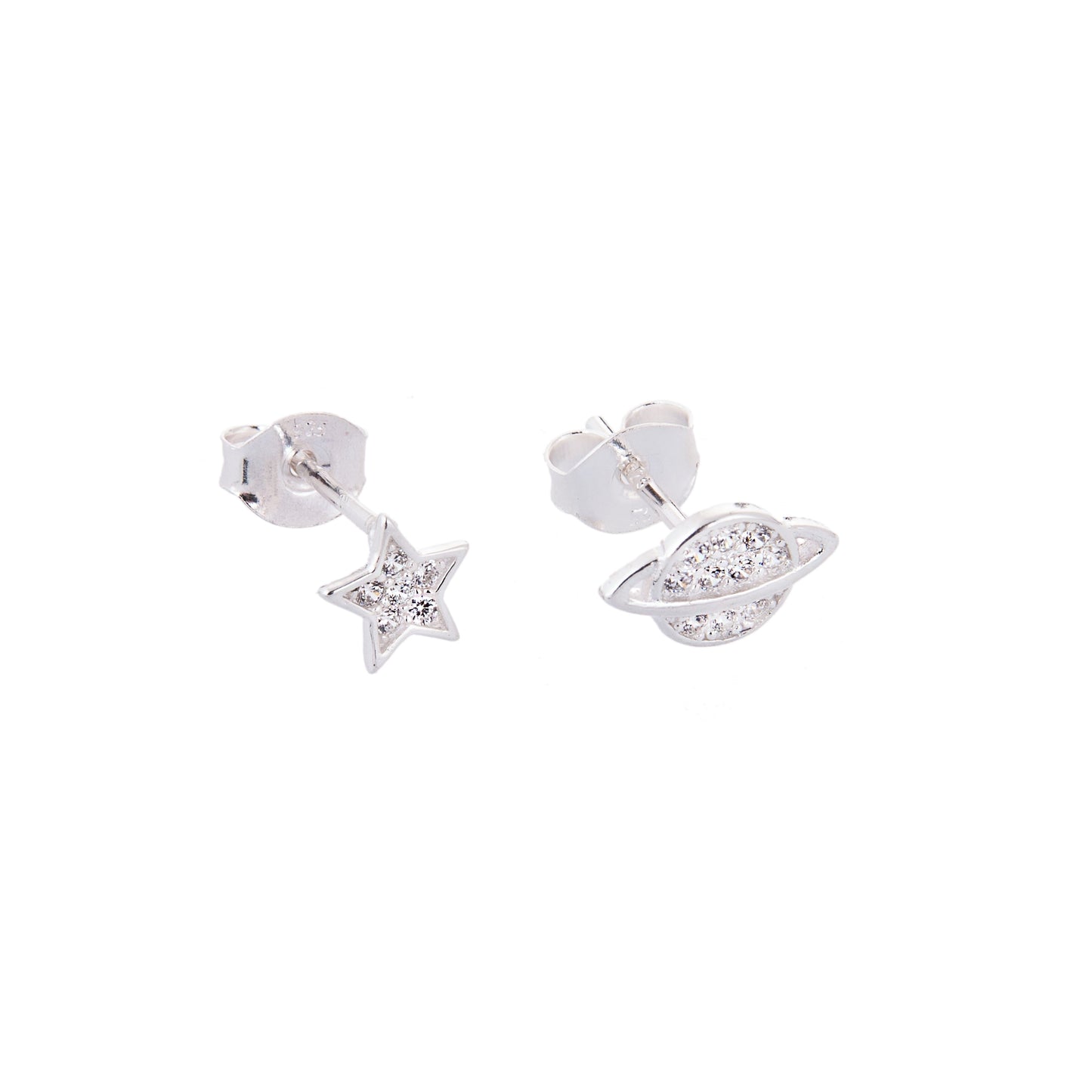 Sterling Silver Star Planet Mix & Match Clear CZ Pave Stud Earrings