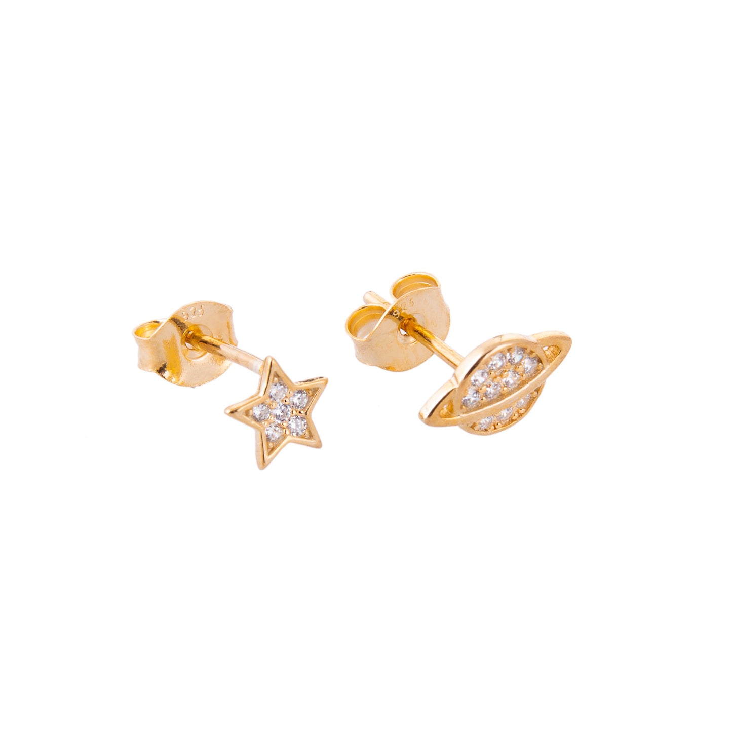 Gold Plated Sterling Silver Star Planet Mix & Match Clear CZ Pave Stud Earrings