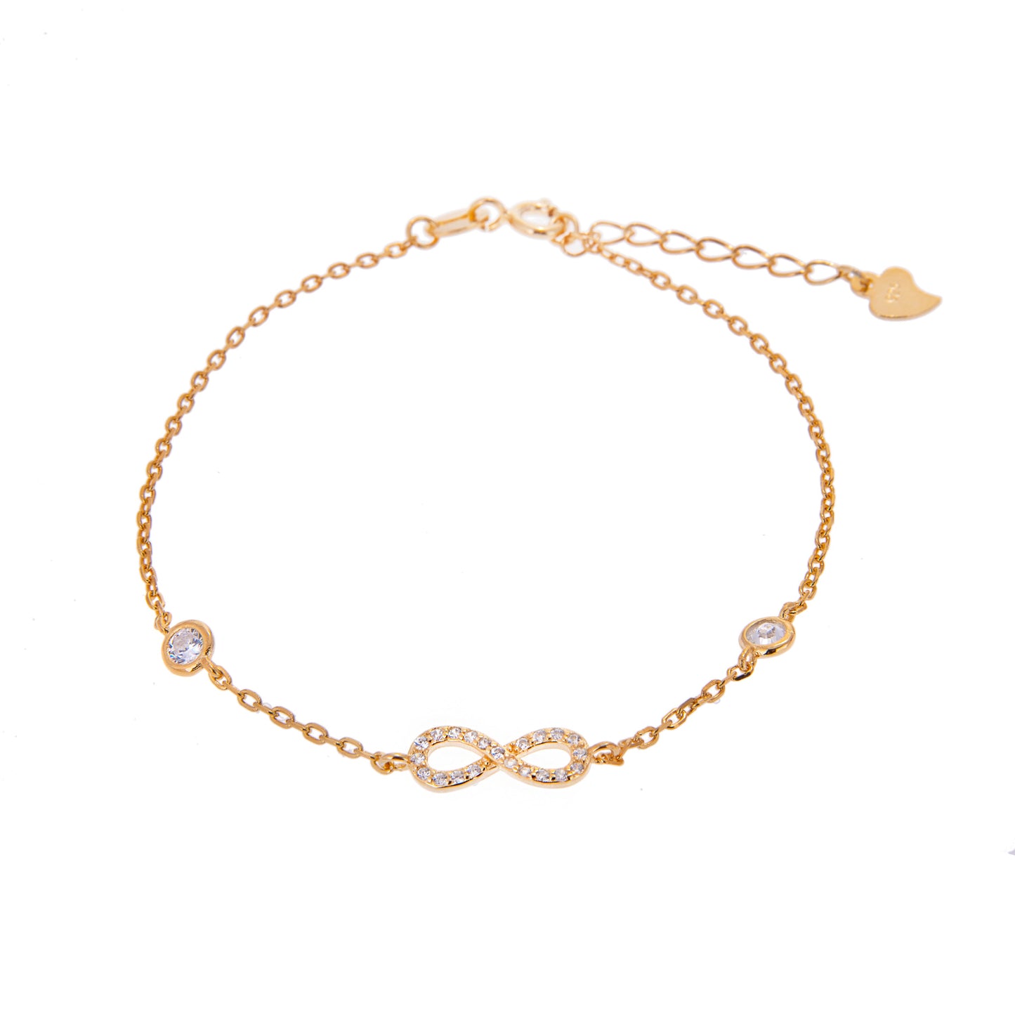 Gold Plated Fine Sterling Silver Infinity & Round Clear CZ Adjustable Bracelet
