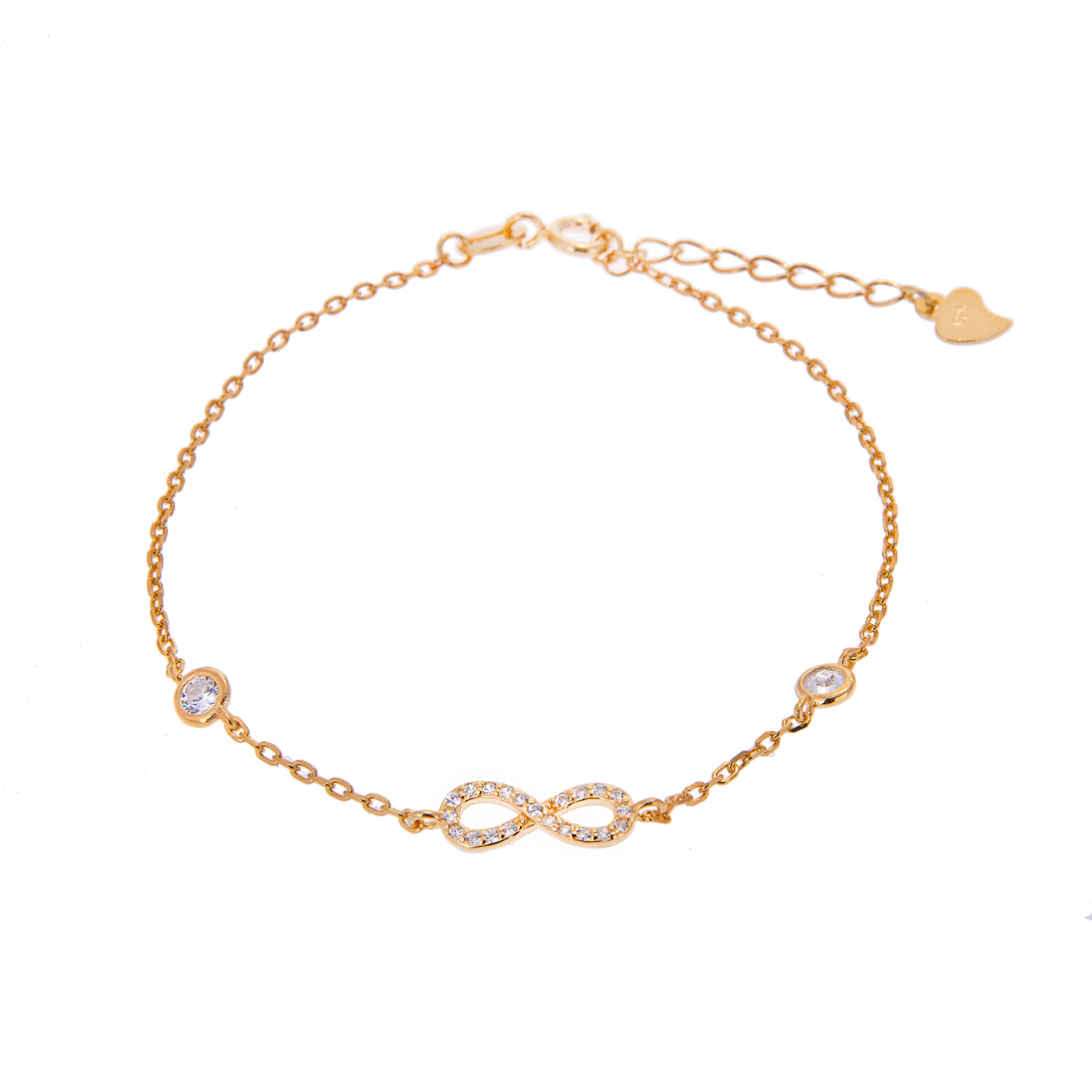 Gold Plated Fine Sterling Silver Infinity & Round Clear CZ Adjustable Bracelet