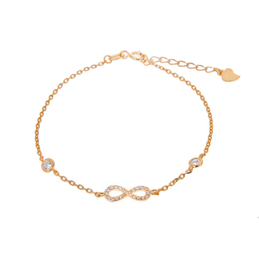 Gold Plated Fine Sterling Silver Infinity & Round Clear CZ Adjustable Bracelet