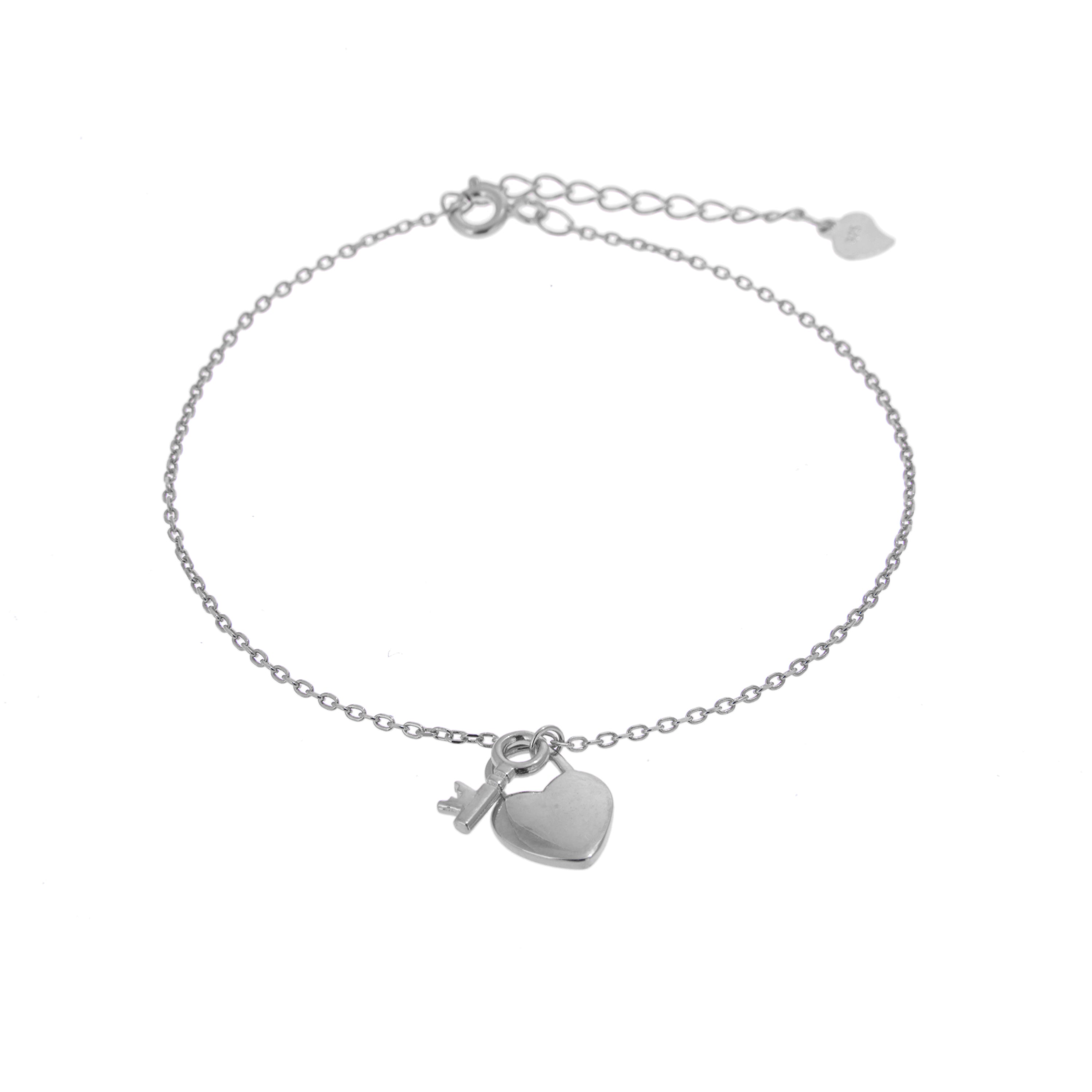 Sterling Silver Key & Heart Padlock Adjustable Bracelet