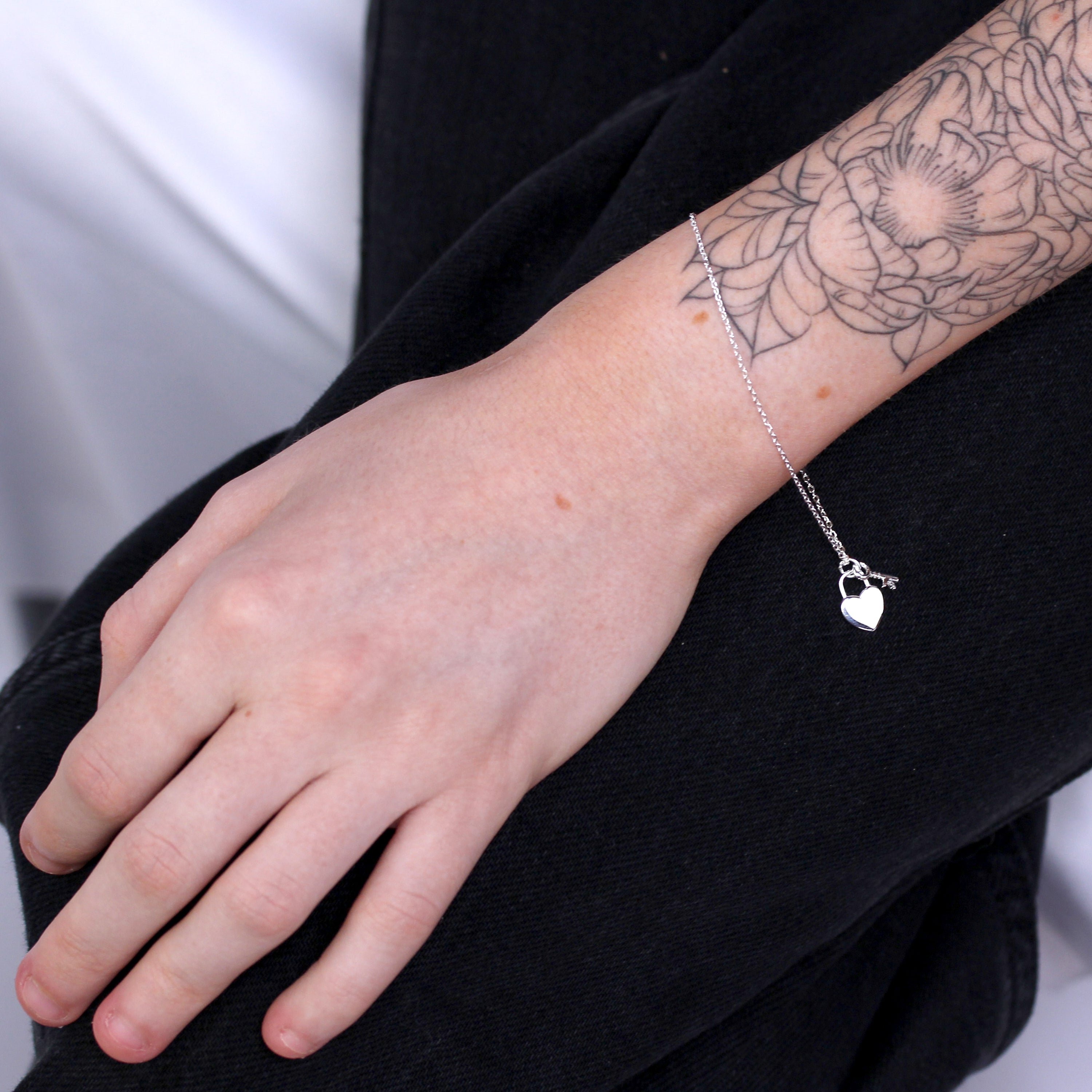 Sterling Silver Key & Heart Padlock Adjustable Bracelet