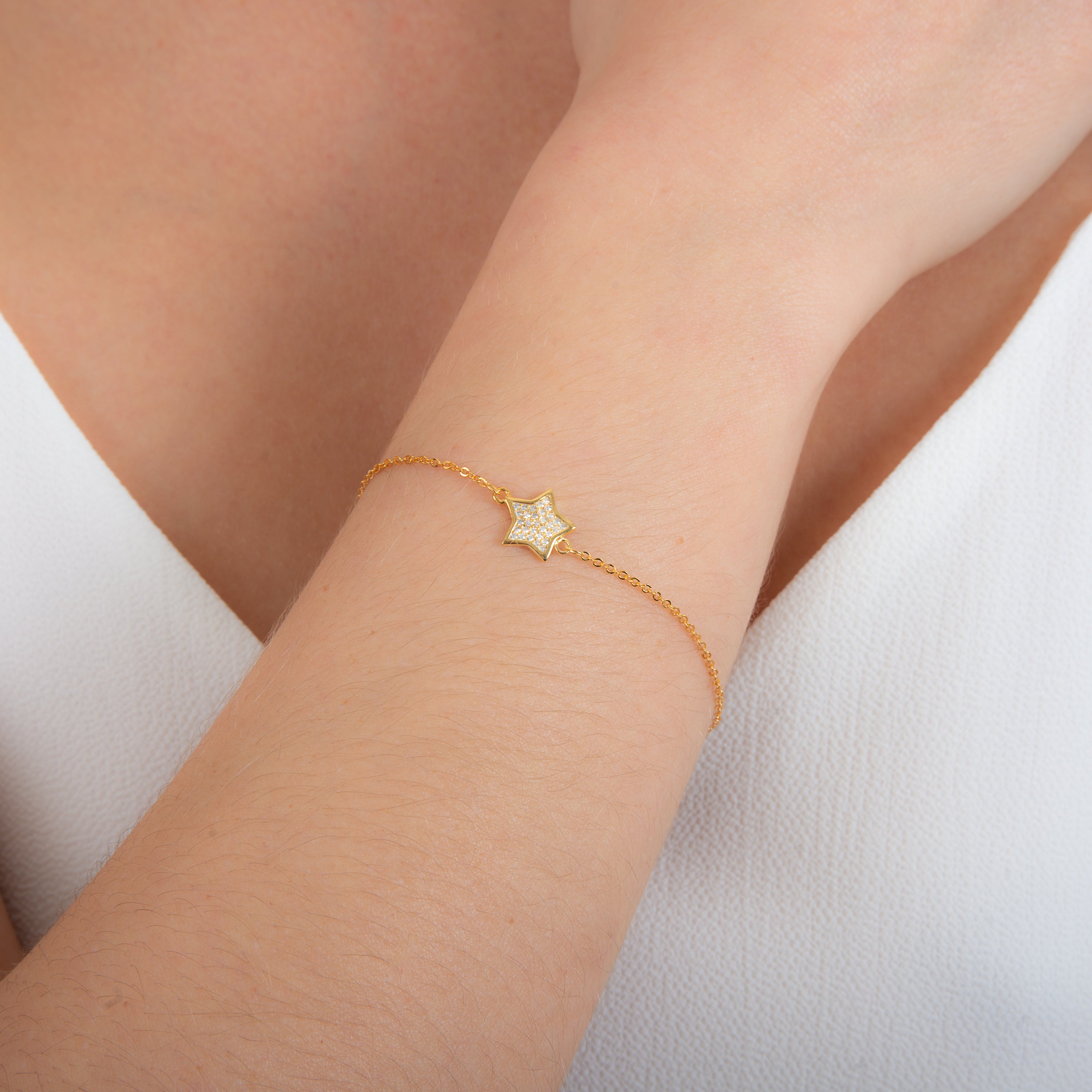 Gold Plated Sterling Silver Star Clear CZ Pave Adjustable Bracelet