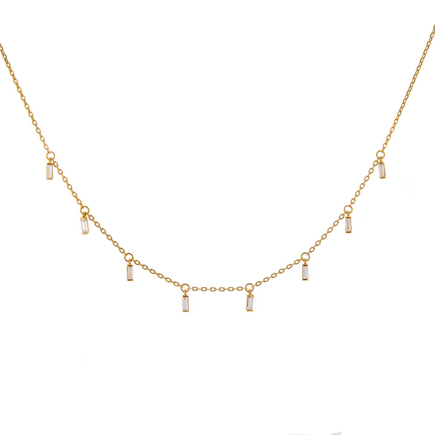 Gold Plated Sterling Silver Multi Tiny Clear Baguette CZ Drop Necklace