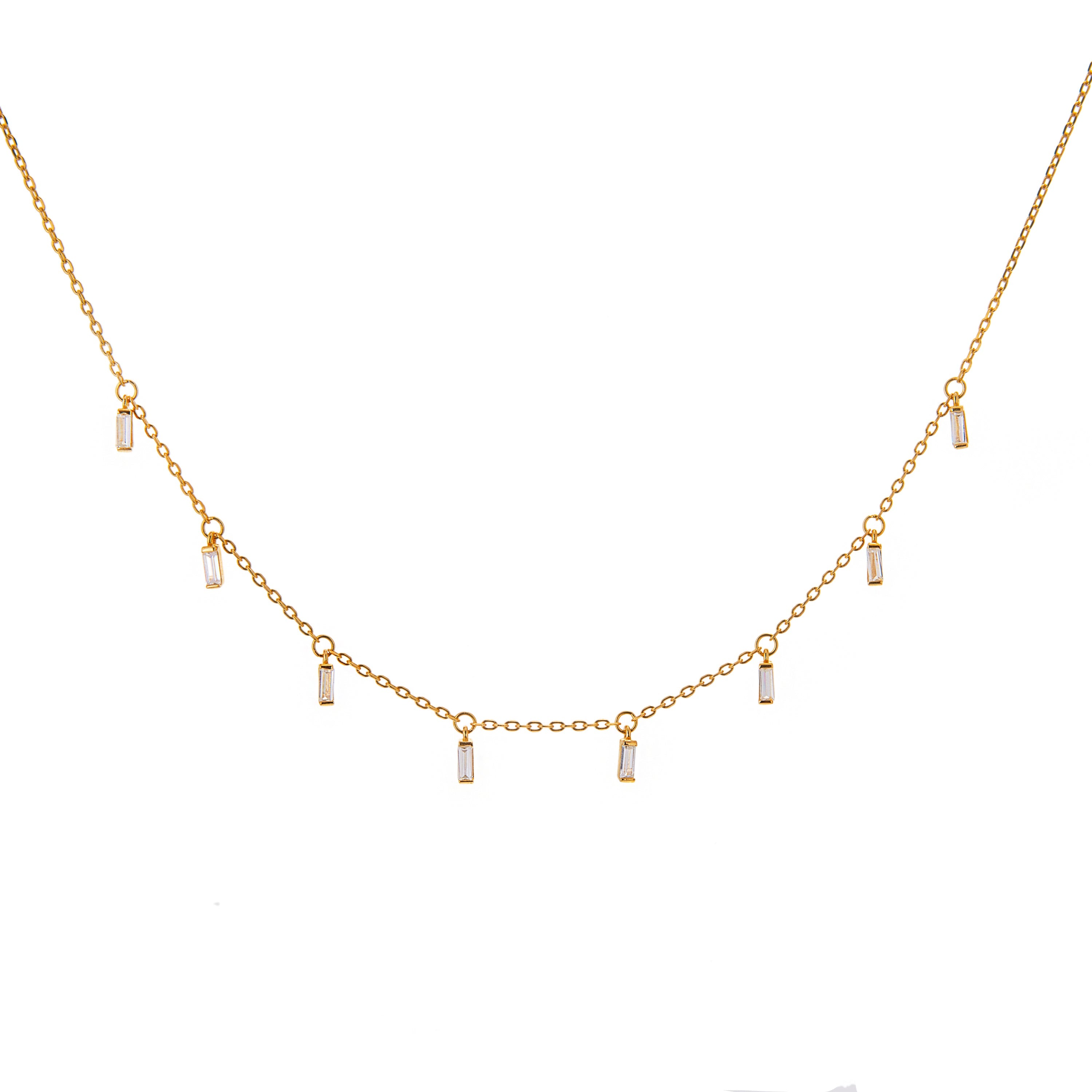Gold Plated Sterling Silver Multi Tiny Clear Baguette CZ Drop Necklace