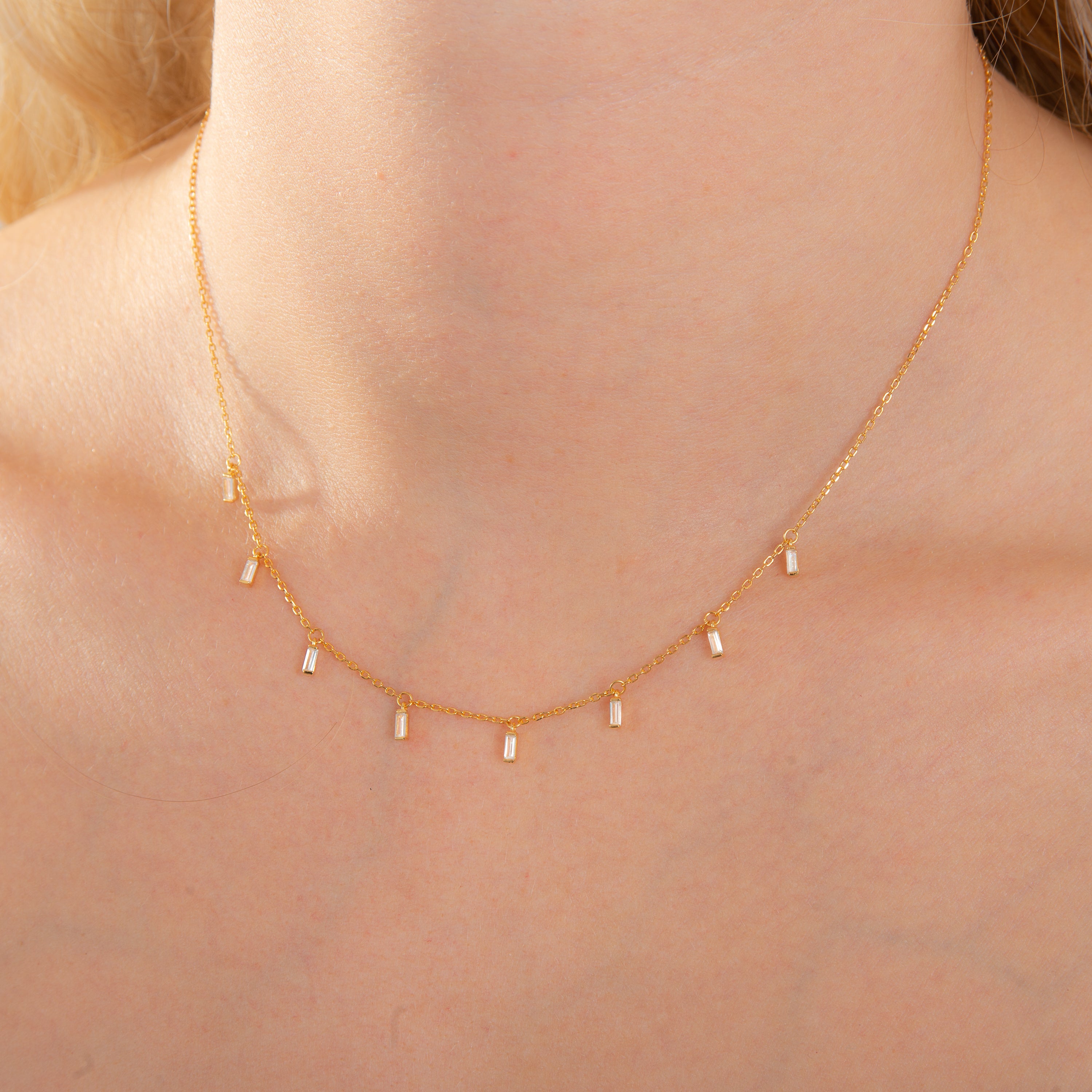 Gold Plated Sterling Silver Multi Tiny Clear Baguette CZ Drop Necklace