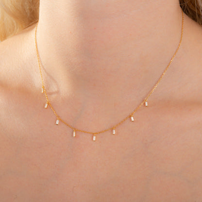 Gold Plated Sterling Silver Multi Tiny Clear Baguette CZ Drop Necklace