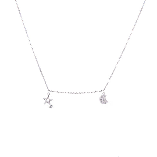 Sterling Silver Star & Moon Clear CZ Necklace