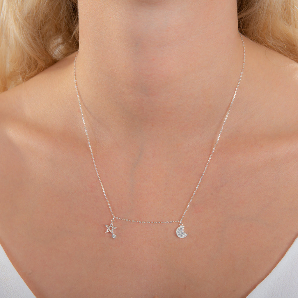 Sterling Silver Star & Moon Clear CZ Necklace