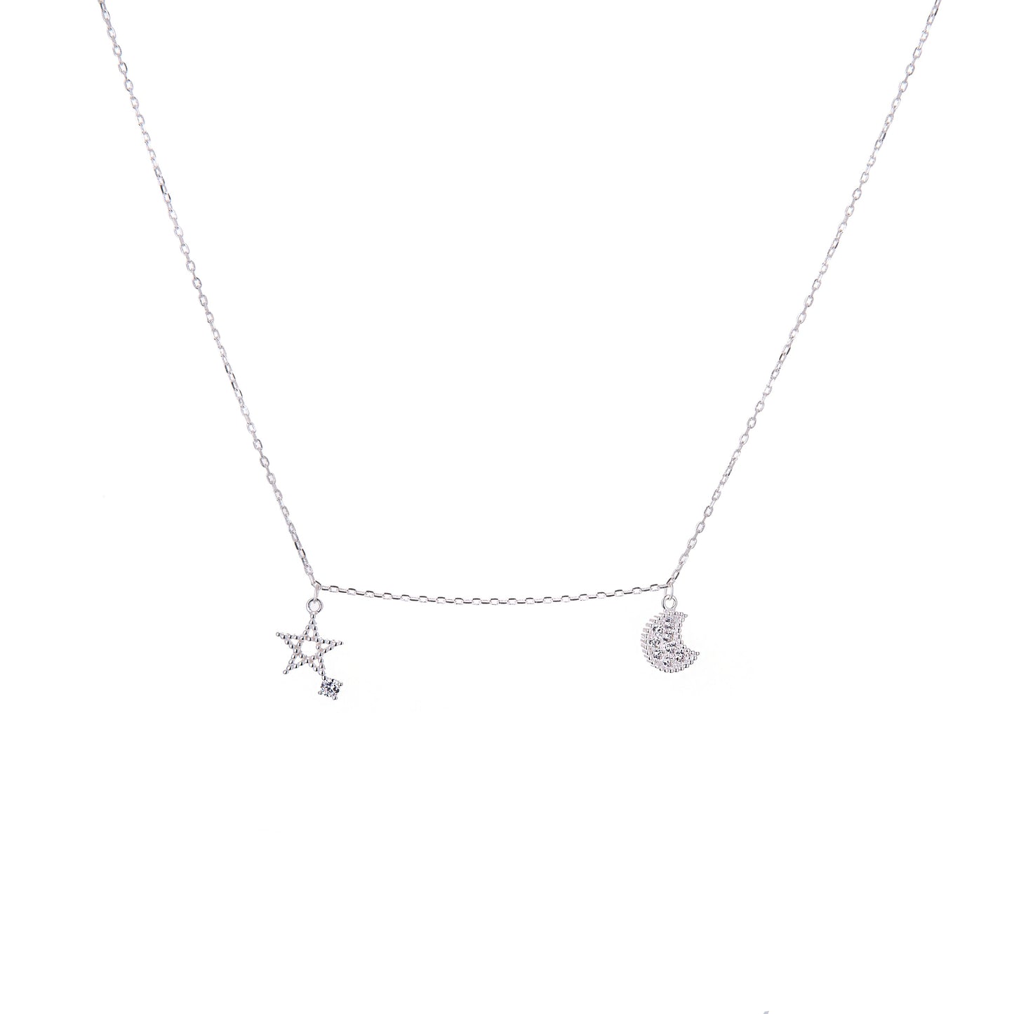 Sterling Silver Star & Moon Clear CZ Necklace