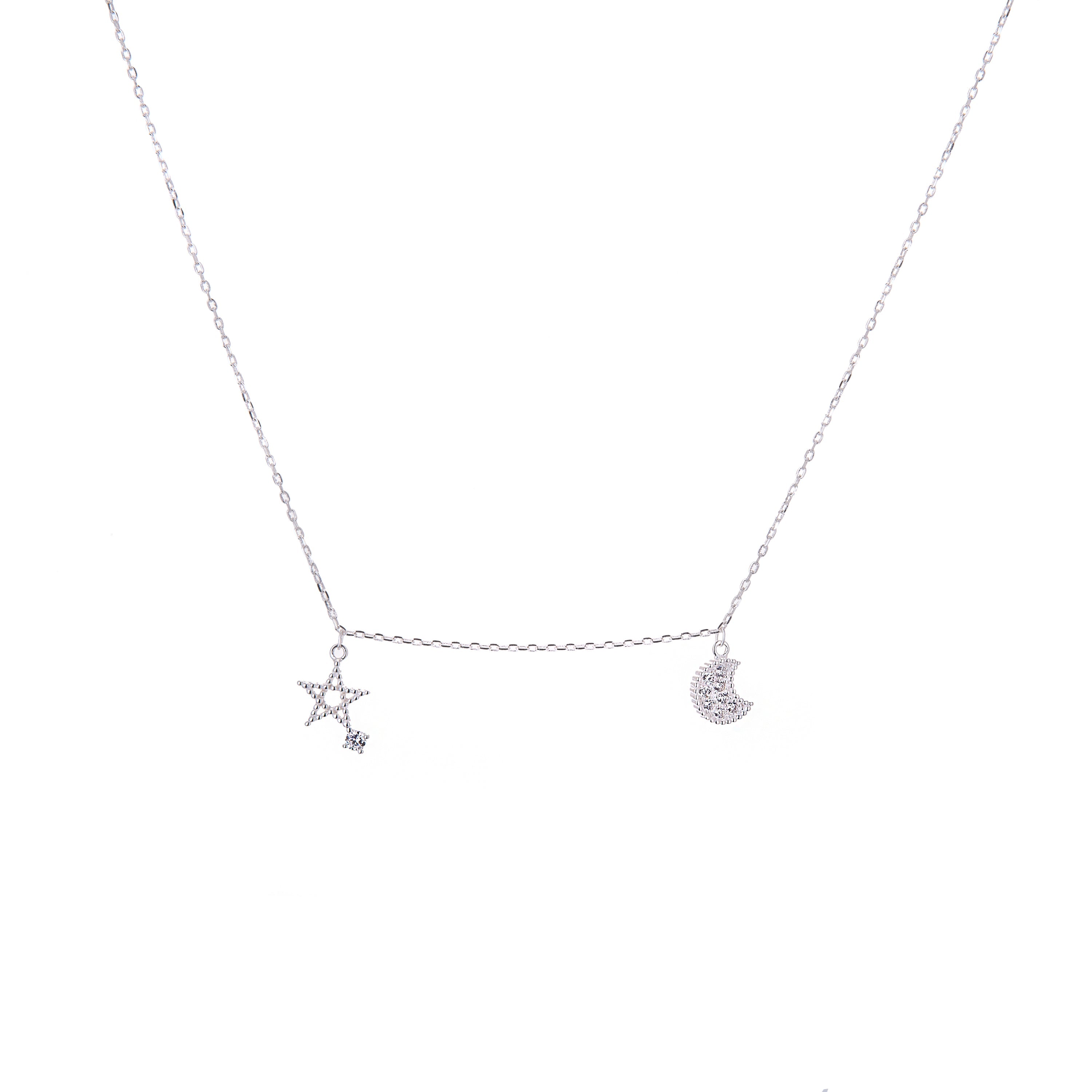 Sterling Silver Star & Moon Clear CZ Necklace