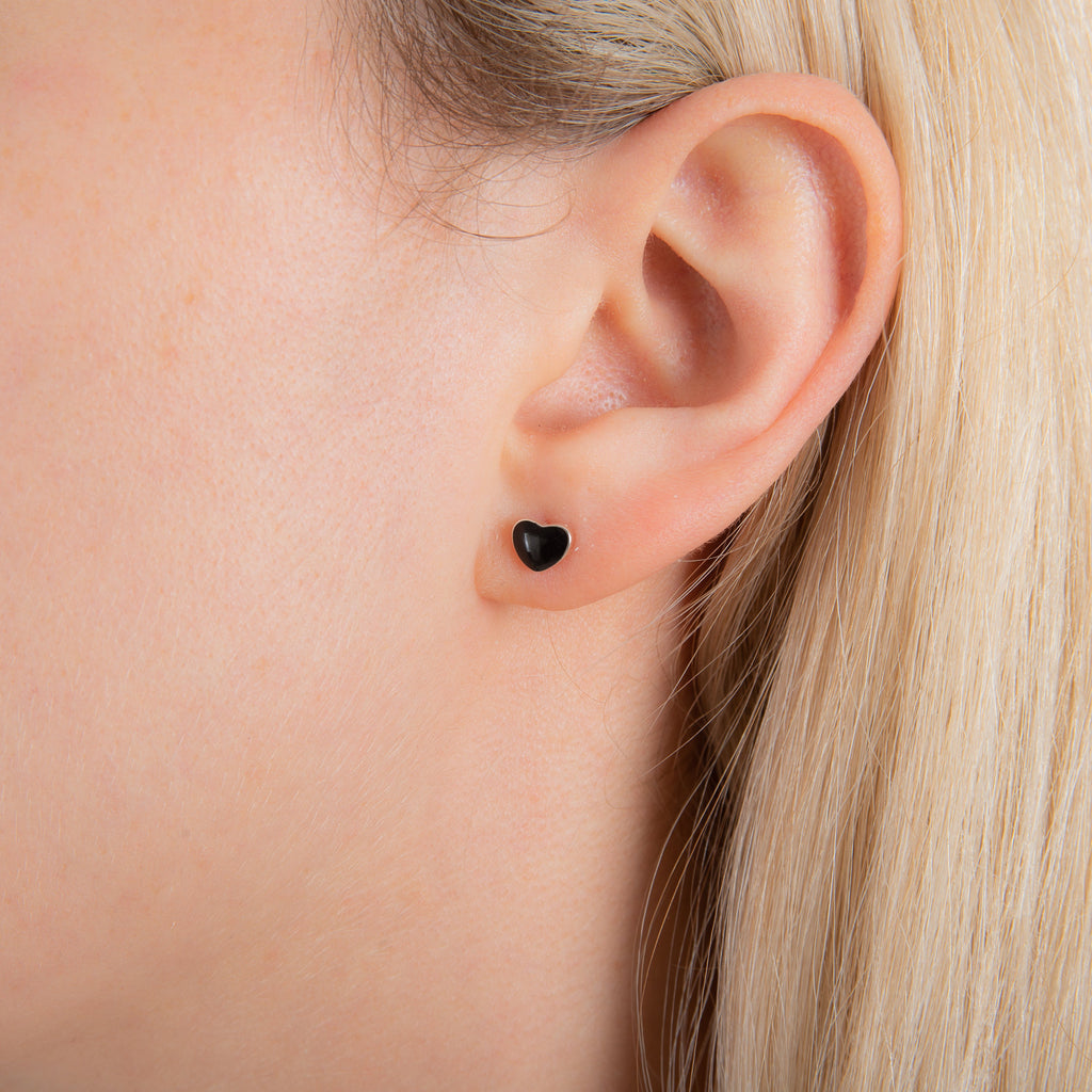 Sterling Silver Heart Black Enamel Stud Earrings