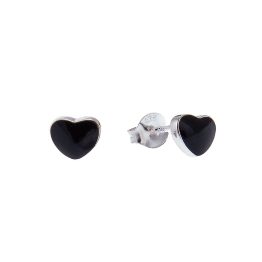 Sterling Silver Heart Black Enamel Stud Earrings