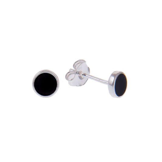 Sterling Silver Round Circle Black Enamel Disc Minimalist Stud Earrings