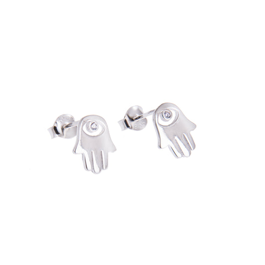 Sterling Silver Hamsa Hand Clear CZ Eye Stud Earrings