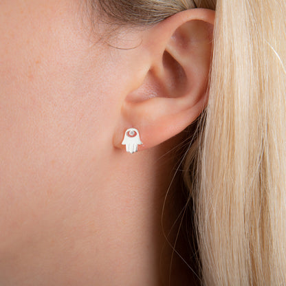 Sterling Silver Hamsa Hand Clear CZ Eye Stud Earrings