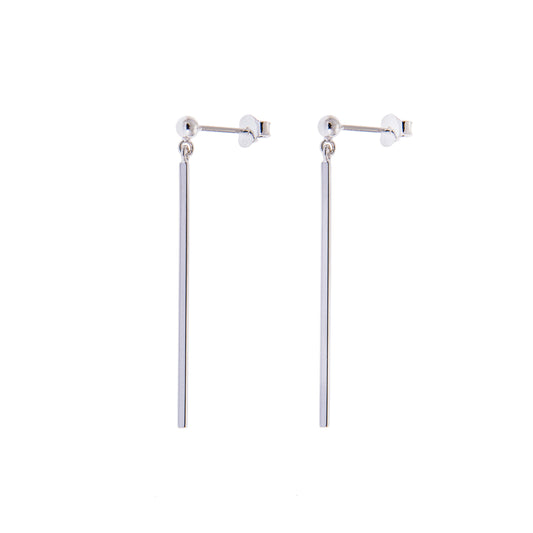Sterling Silver Long Bar Drop Ball Stud Earrings