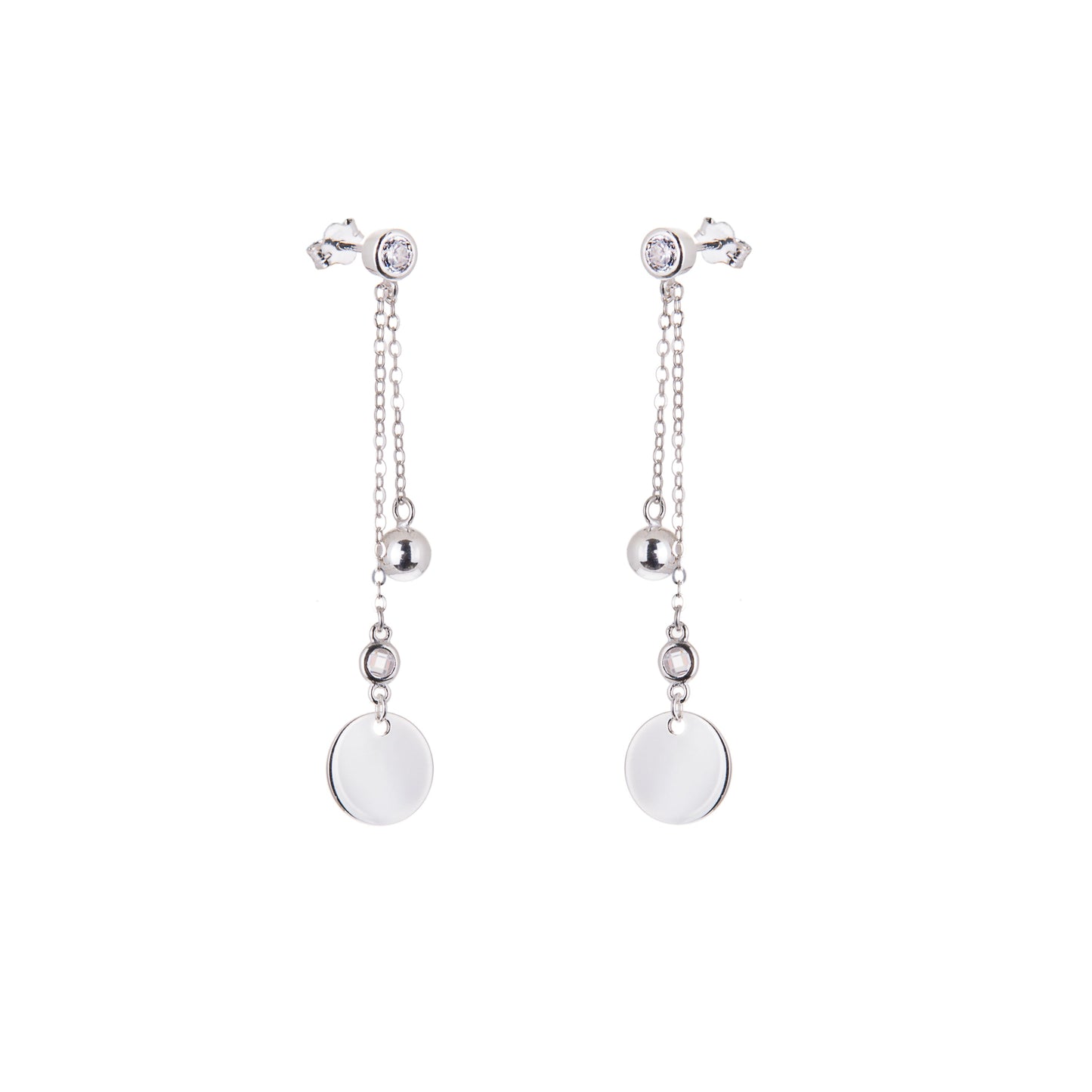 Sterling Silver Circle Disc Ball CZ Stud Dangle Earrings
