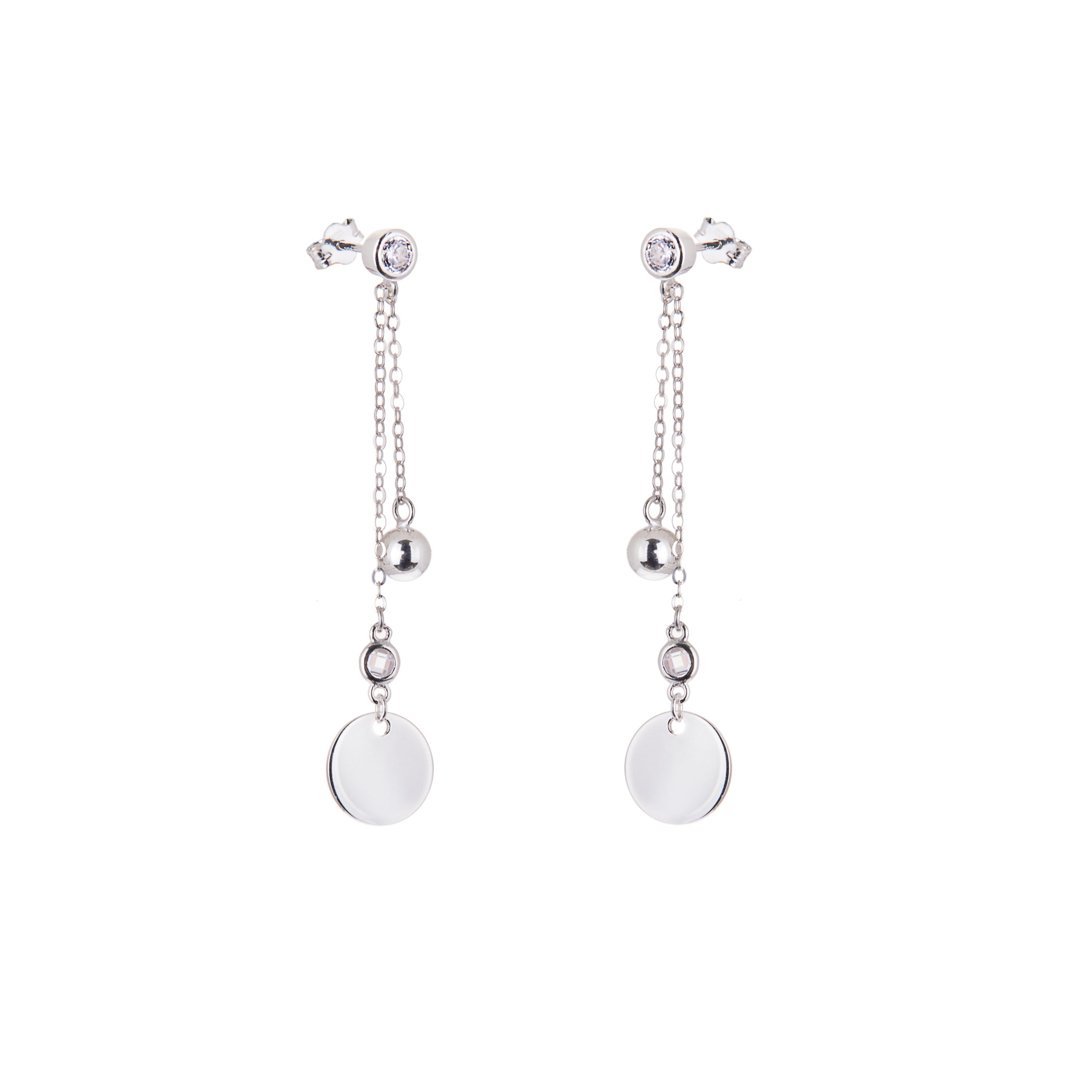 Sterling Silver Circle Disc Ball CZ Stud Dangle Earrings