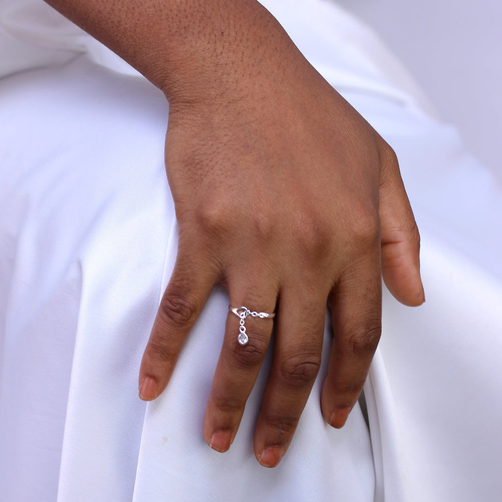 Sterling Silver Teardrop Clear CZ Chain Drop Dangle Adjustable Ring