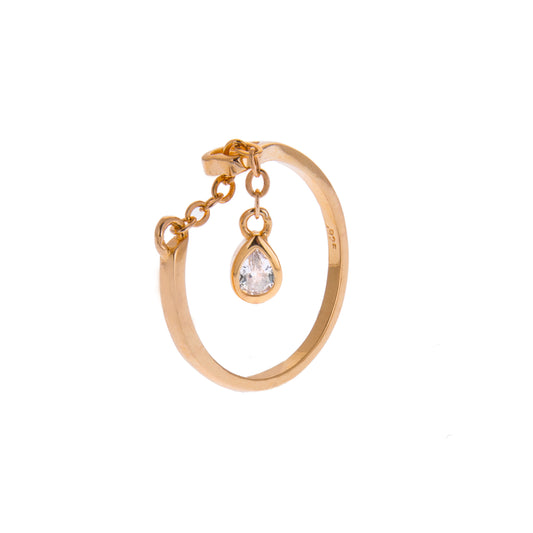 Gold Plated Sterling Silver Teardrop Clear CZ Chain Drop Dangle Adjustable Ring