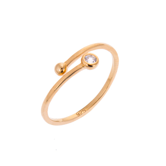 Gold Plated Sterling Silver Round Clear CZ & Ball Minimalist Open Adjustable Ring