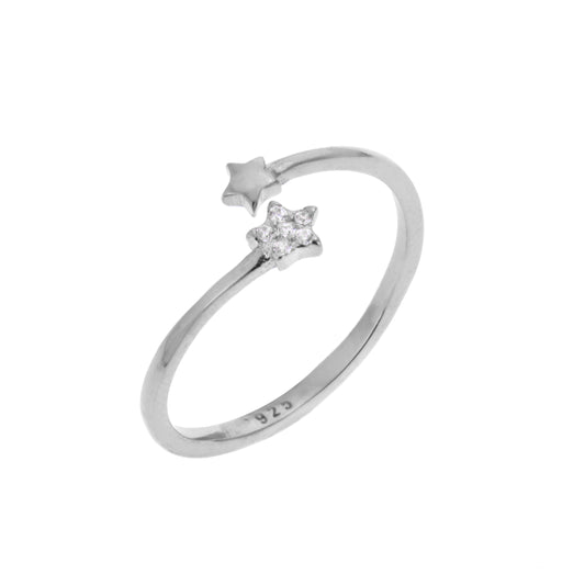 Sterling Silver Tiny Stars Clear CZ Pave Open Adjustable Ring