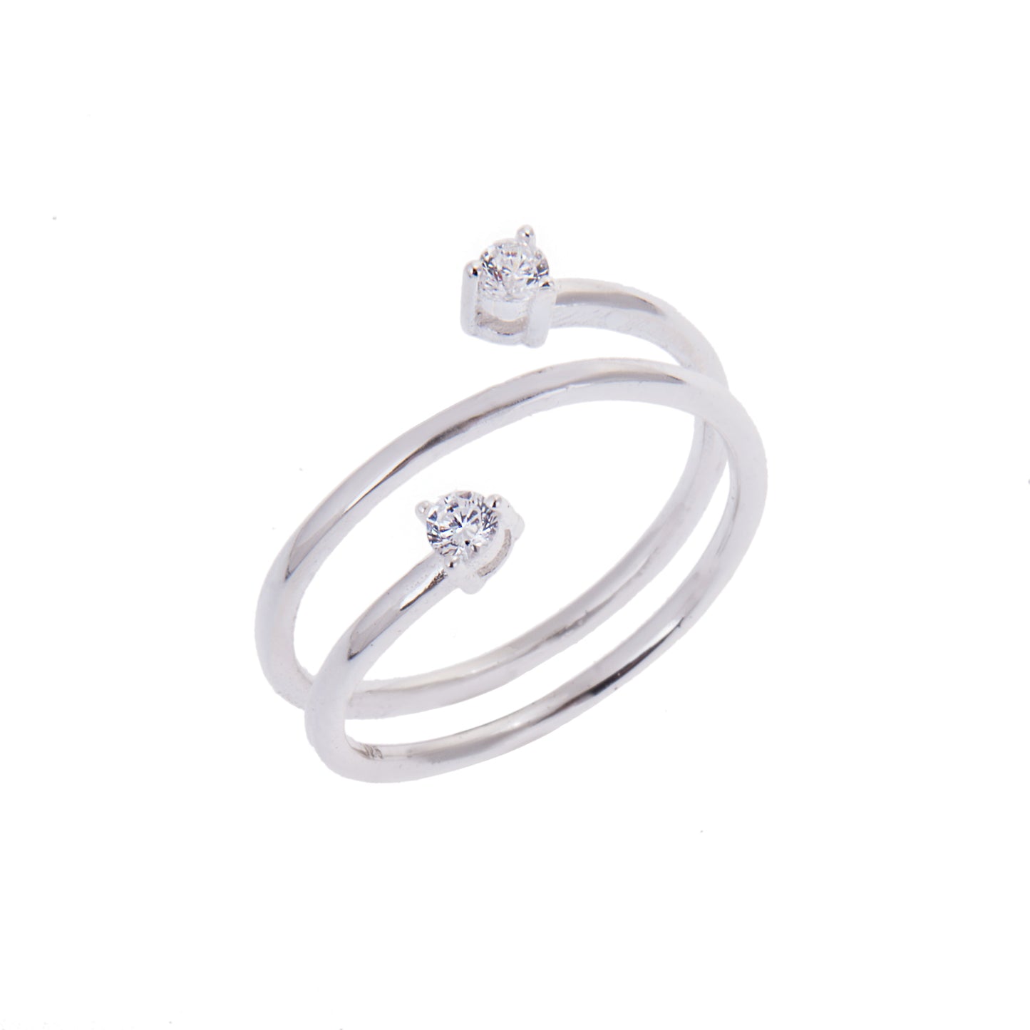 Sterling Silver Double Round Clear CZ Open Wrap Adjustable Ring