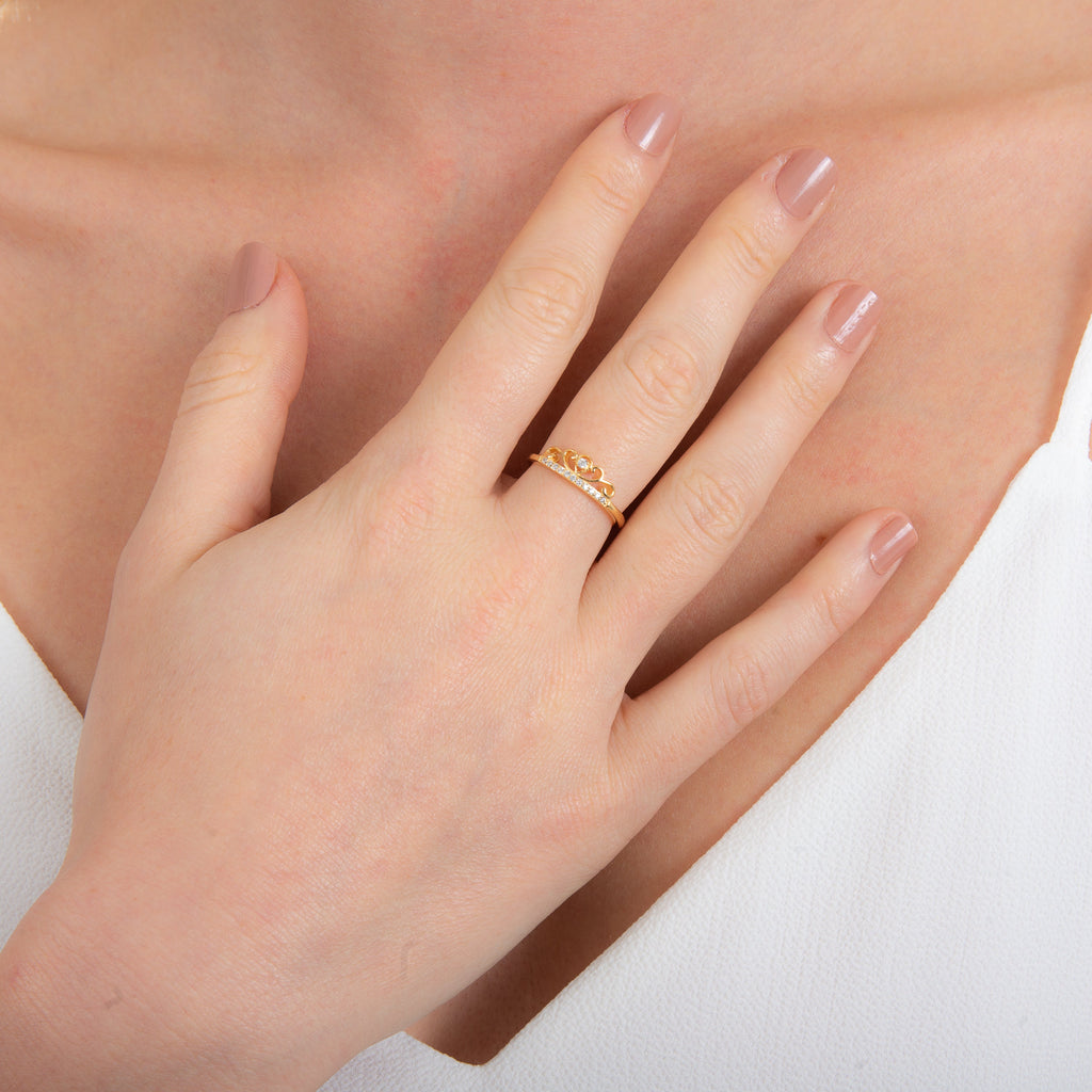 Gold Plated Sterling Silver Tiara Crown Clear CZ Adjustable Ring