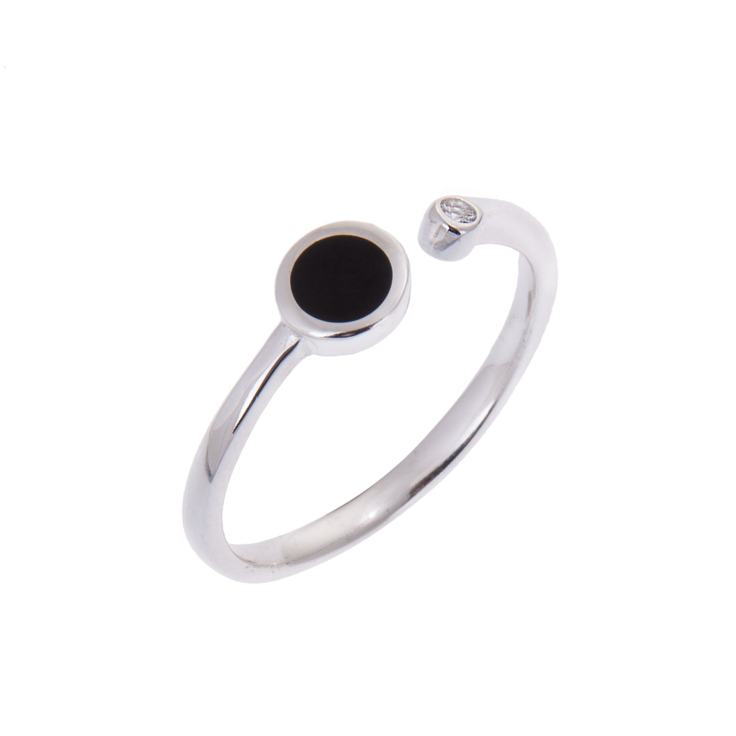 Sterling Silver Round Circle Black Enamel Disc Minimalist Clear CZ Open Adjustable Ring