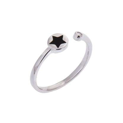 Sterling Silver Star Black Enamel Disc and CZ Open Adjustable Ring