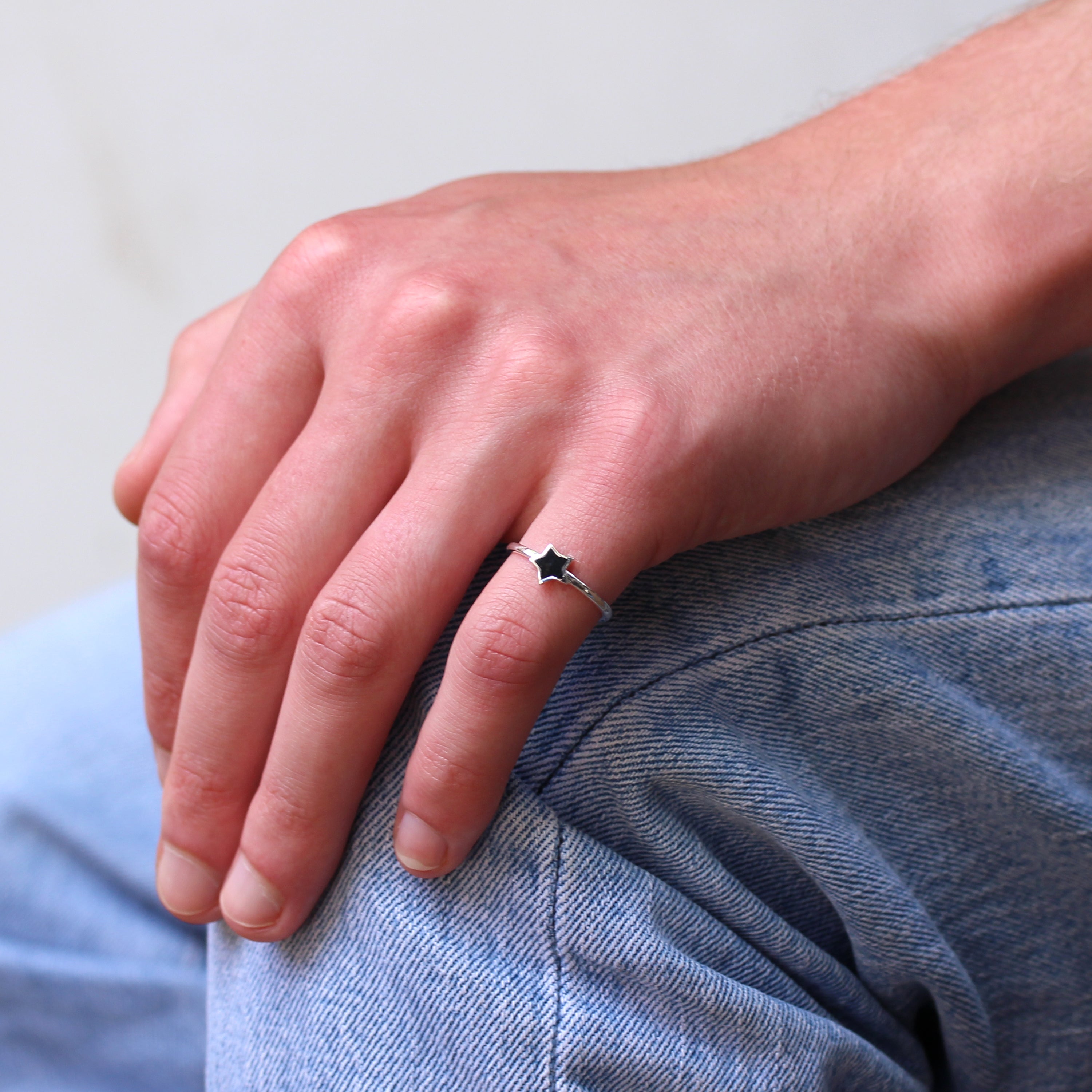 Sterling Silver Star Black Enamel Adjustable Ring