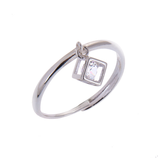 Sterling Silver Square Cube Clear CZ Drop Dangle Adjustable Ring