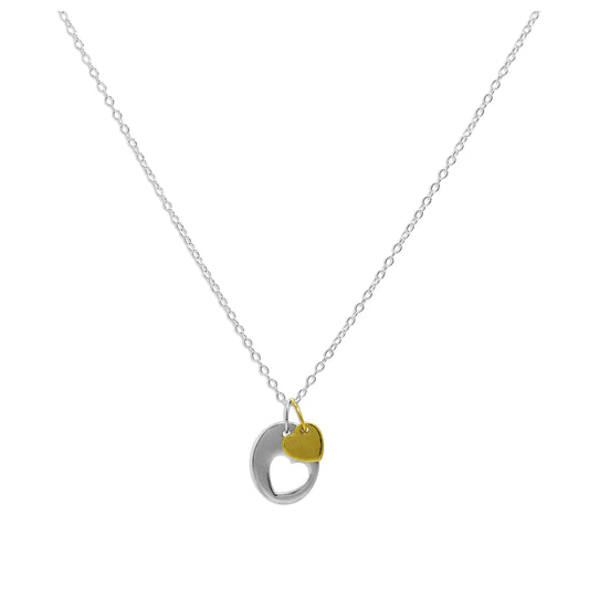 Sterling Silver Heart Cut Out Disc Yellow Gold Dipped Charm Pendant Necklace