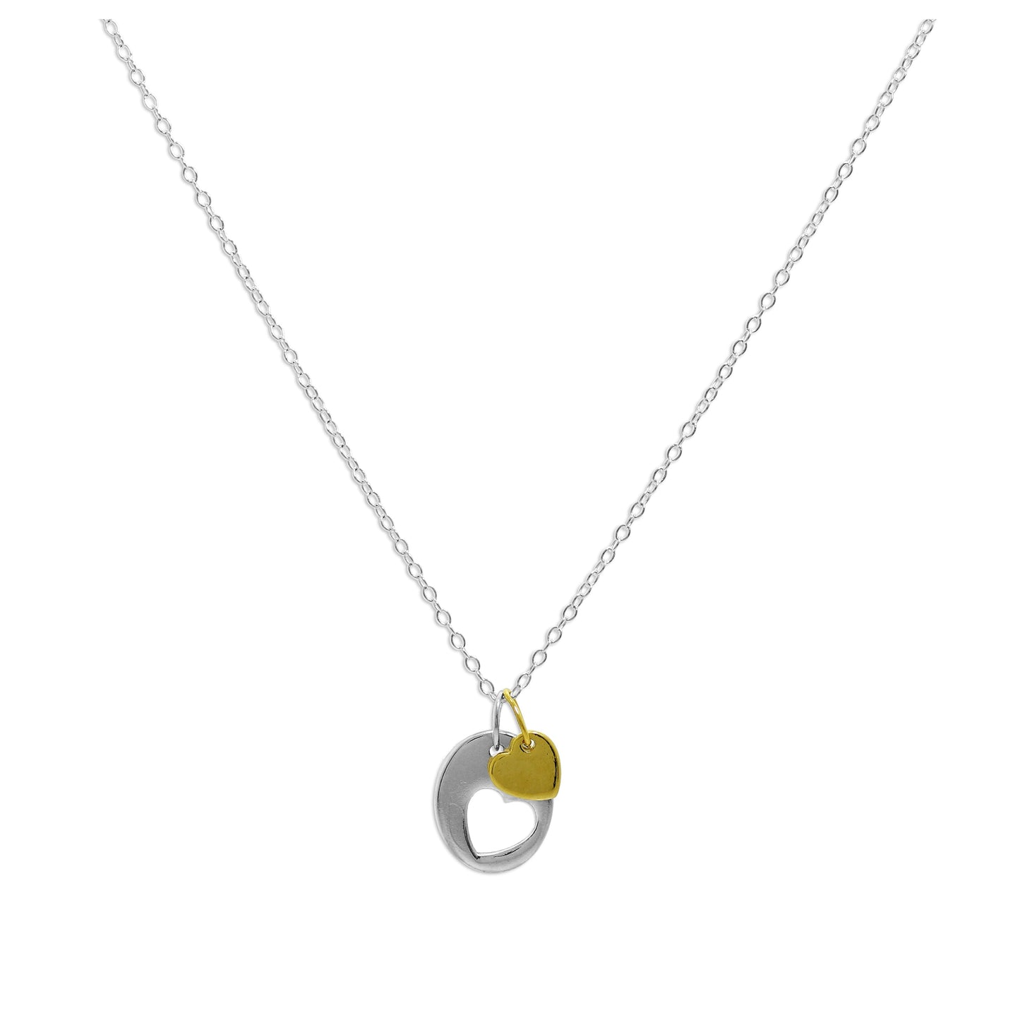 Sterling Silver Heart Cut Out Disc Yellow Gold Dipped Charm Pendant Necklace