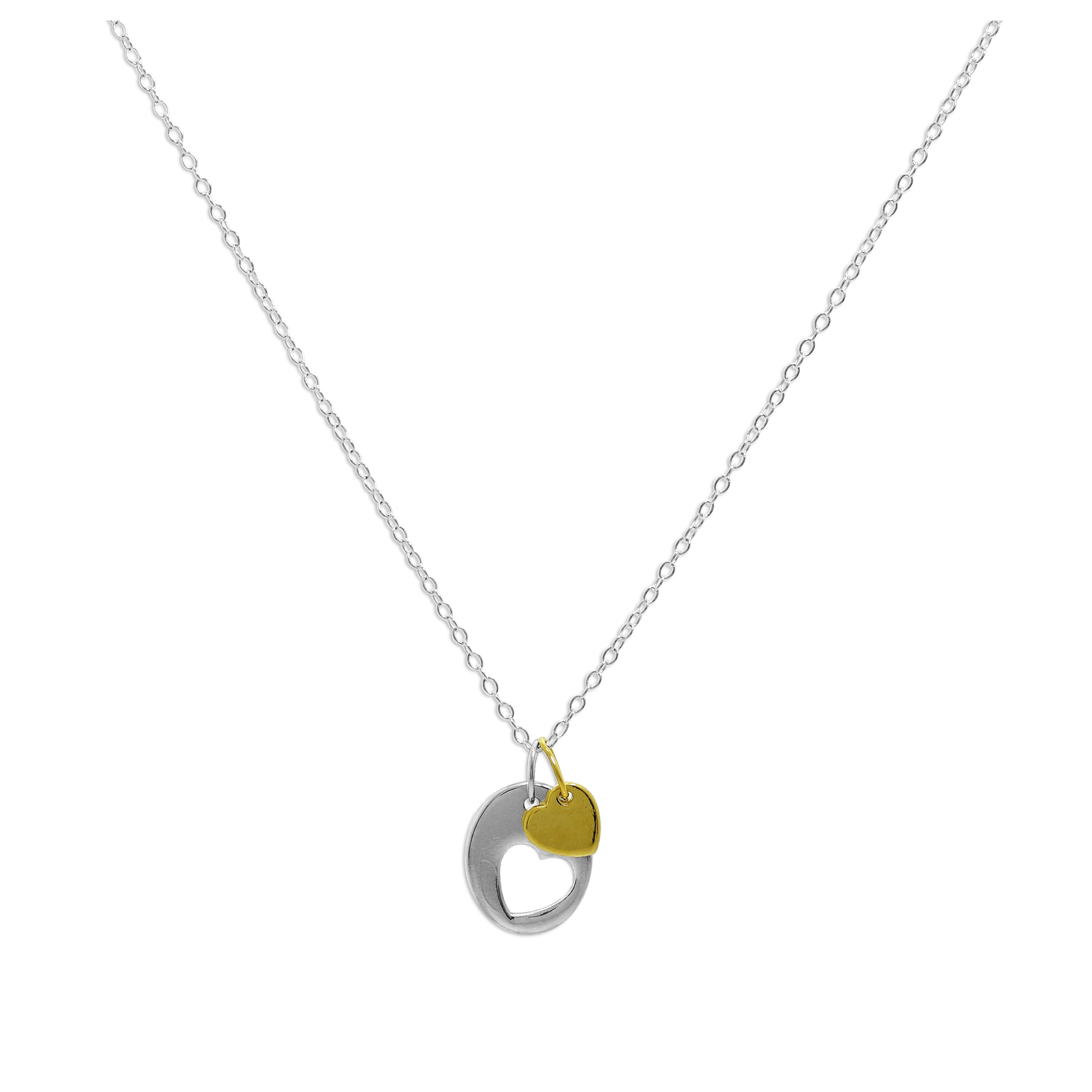 Sterling Silver Heart Cut Out Disc Yellow Gold Dipped Charm Pendant Necklace